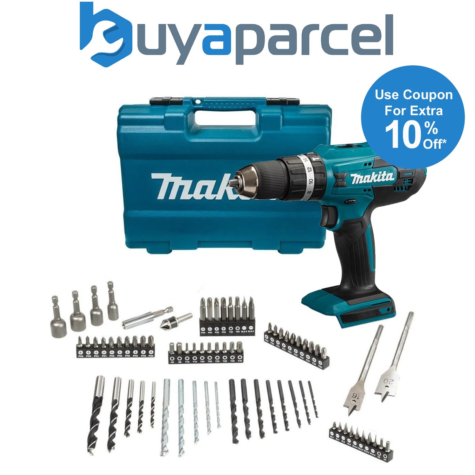 Makita HP488DZ 18v Lithium Combi Hammer Drill Bare Tool - 74 Screwdriver Bit Set