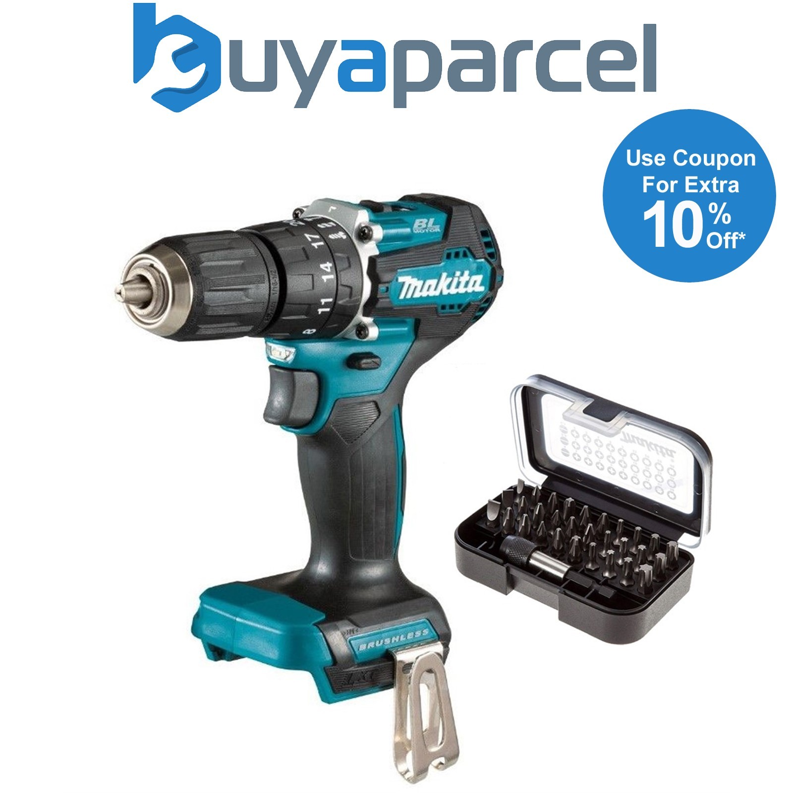 Makita DHP487Z 18V LXT Lithium Brushless Combi Hammer Sub Compact + 30PC Set