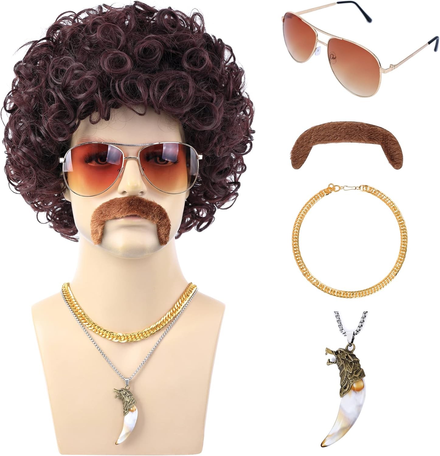 6pcs Set 70s 80s Disco wig with Mustache Glasses Artificial Wolf Necklace Gold