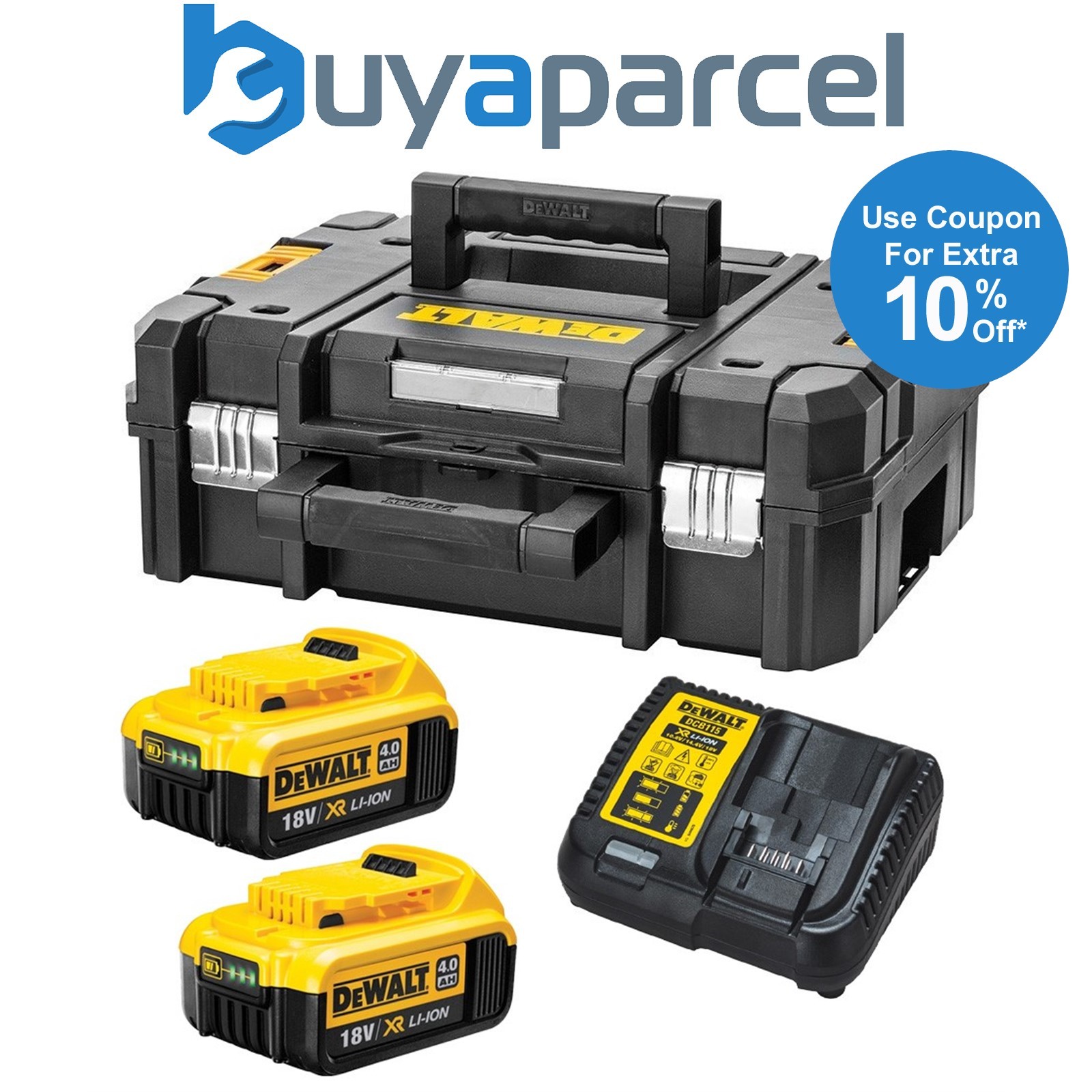 Dewalt XR Power Source Kit 2x DCB182 4.0ah 18v Batteries + DCB115 Charger +Tstak