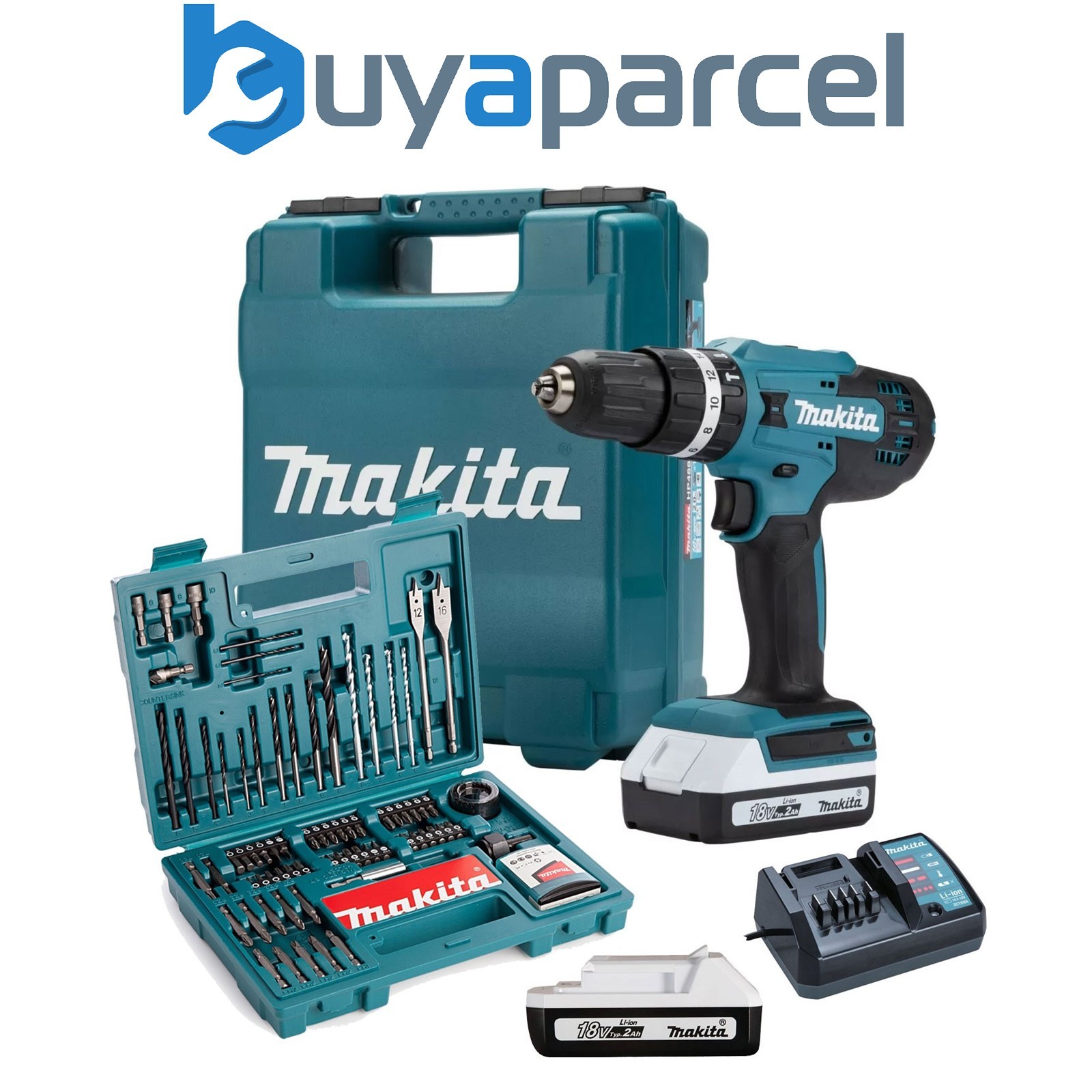Makita HP488DAE 18v Lithium Combi Hammer Drill 2x 2Ah - 100 Screwdriver Bit Set