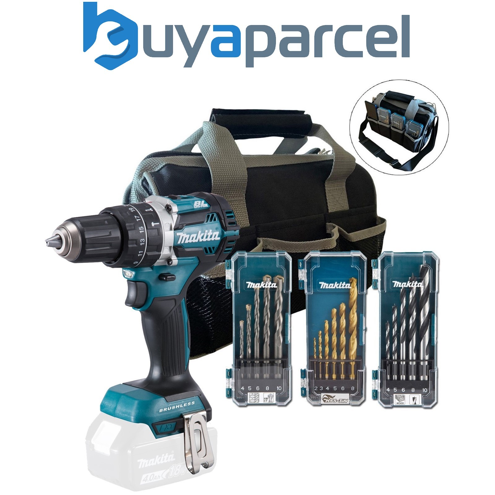 Makita DHP484Z 18V LXT Brushless Combi Hammer Drill Bare + Bag + 16PC Bit Set