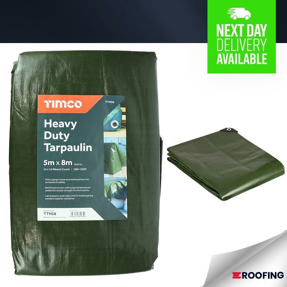 Timco 5m x 8m Heavy Duty Tarpaulin Green, Waterproof Cover / Ground Sheet