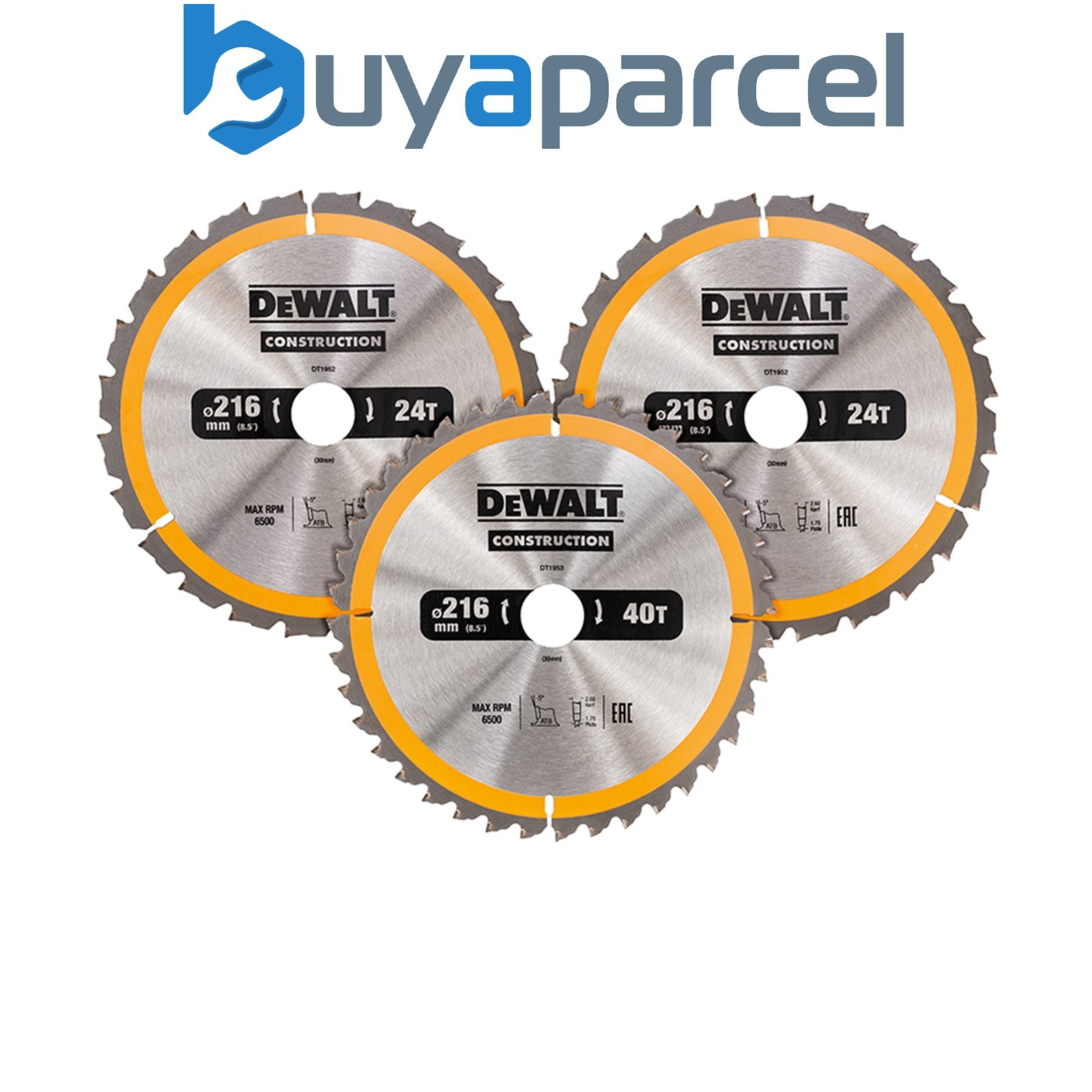 Dewalt DT1962-QZ Construction Circular Saw Blade 3 Pack 216 x 30mm 2x 24T 1x 40T
