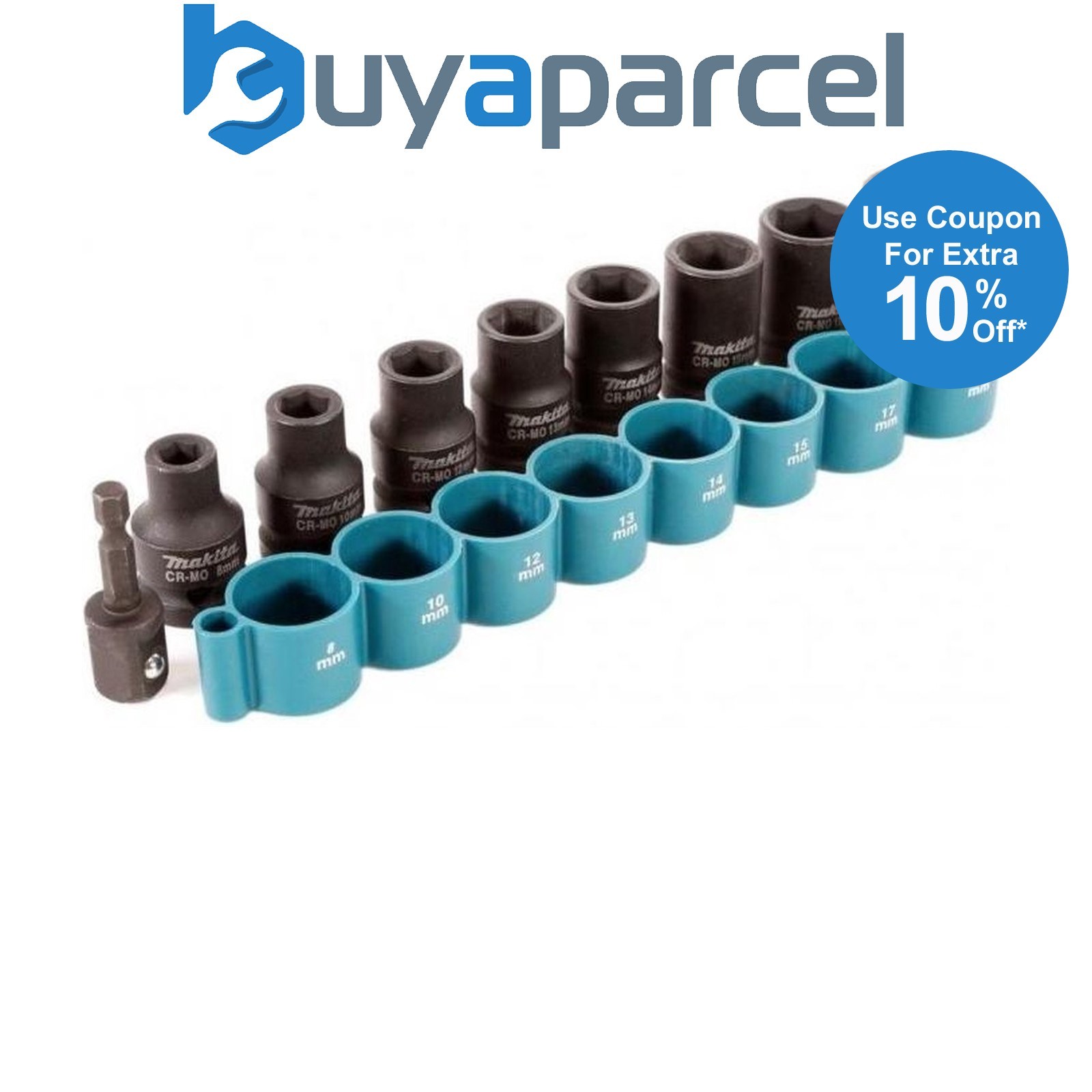 Makita B-54651 9 Piece 3/8" Square Drive Impact Socket Set + 1/4” Hex Adapter