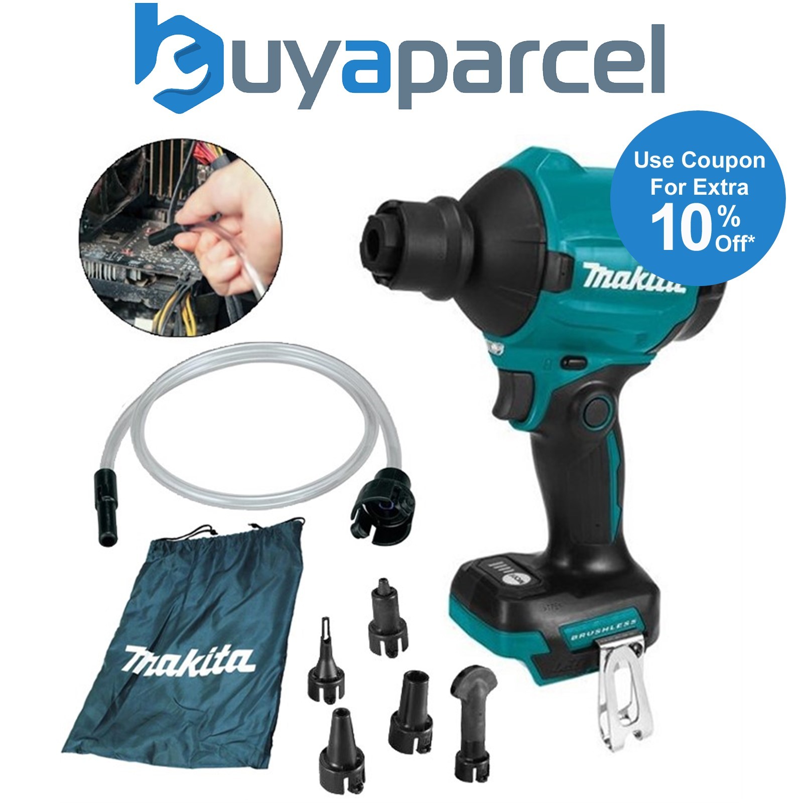 Makita DAS180Z 18v Brushless Dust Blower Inflator Deflator LXT + 5 Nozzles +Tube