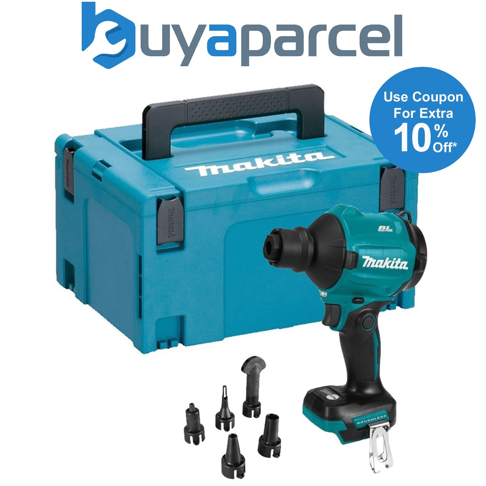Makita DAS180Z 18v Brushless Dust Blower Inflator Deflator LXT Nozzles + Makpac