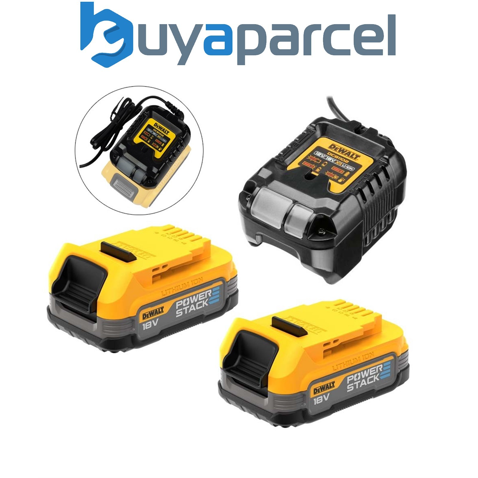 DeWalt 18v Compact Powerstack Battery & Charger Starter Set DCB112 + 2 x DCBP034