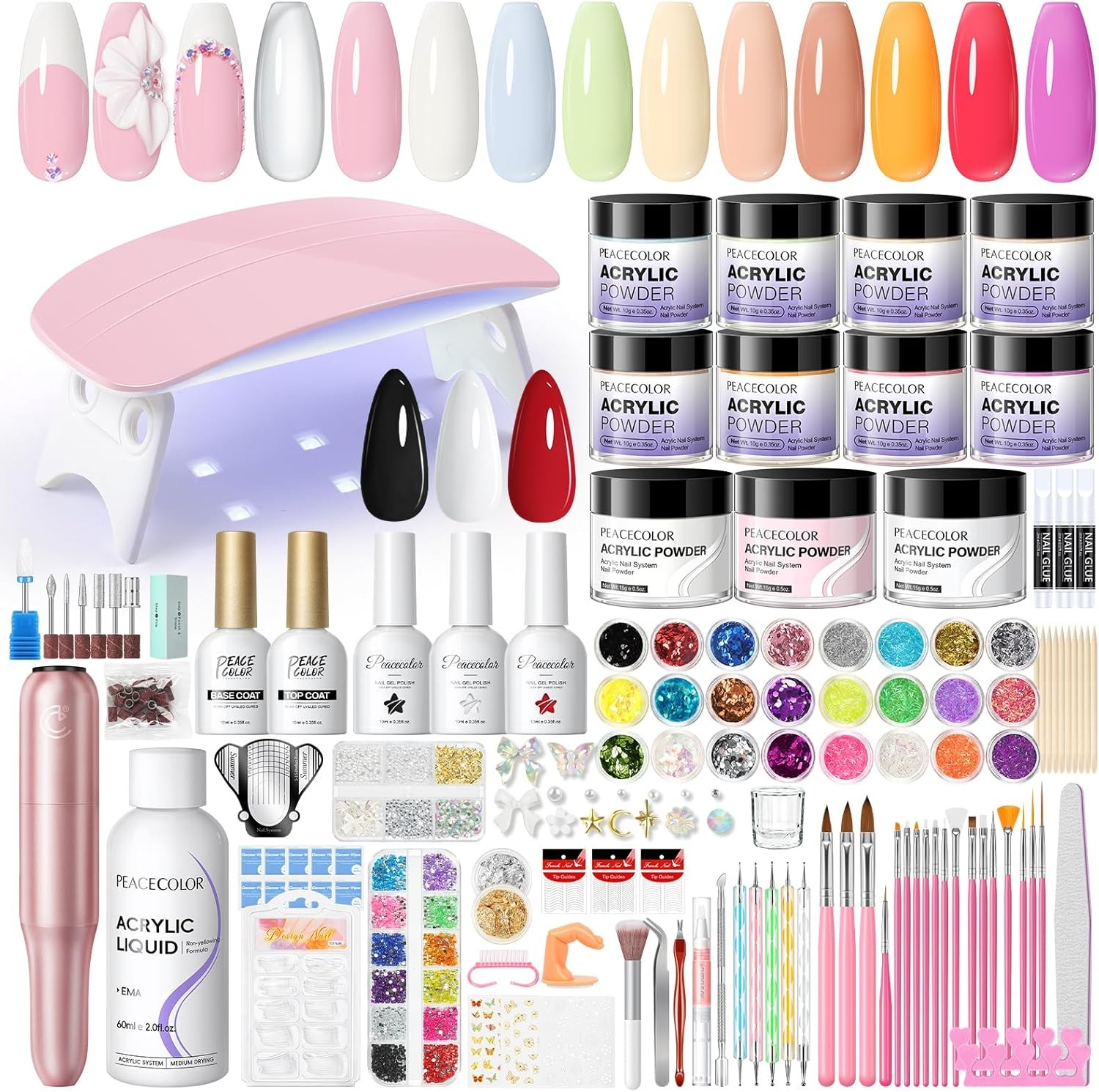 PEACECOLOR Acrylic Nail Kit with Electric Nail Drill and Lamp, 114PCS Nail Set