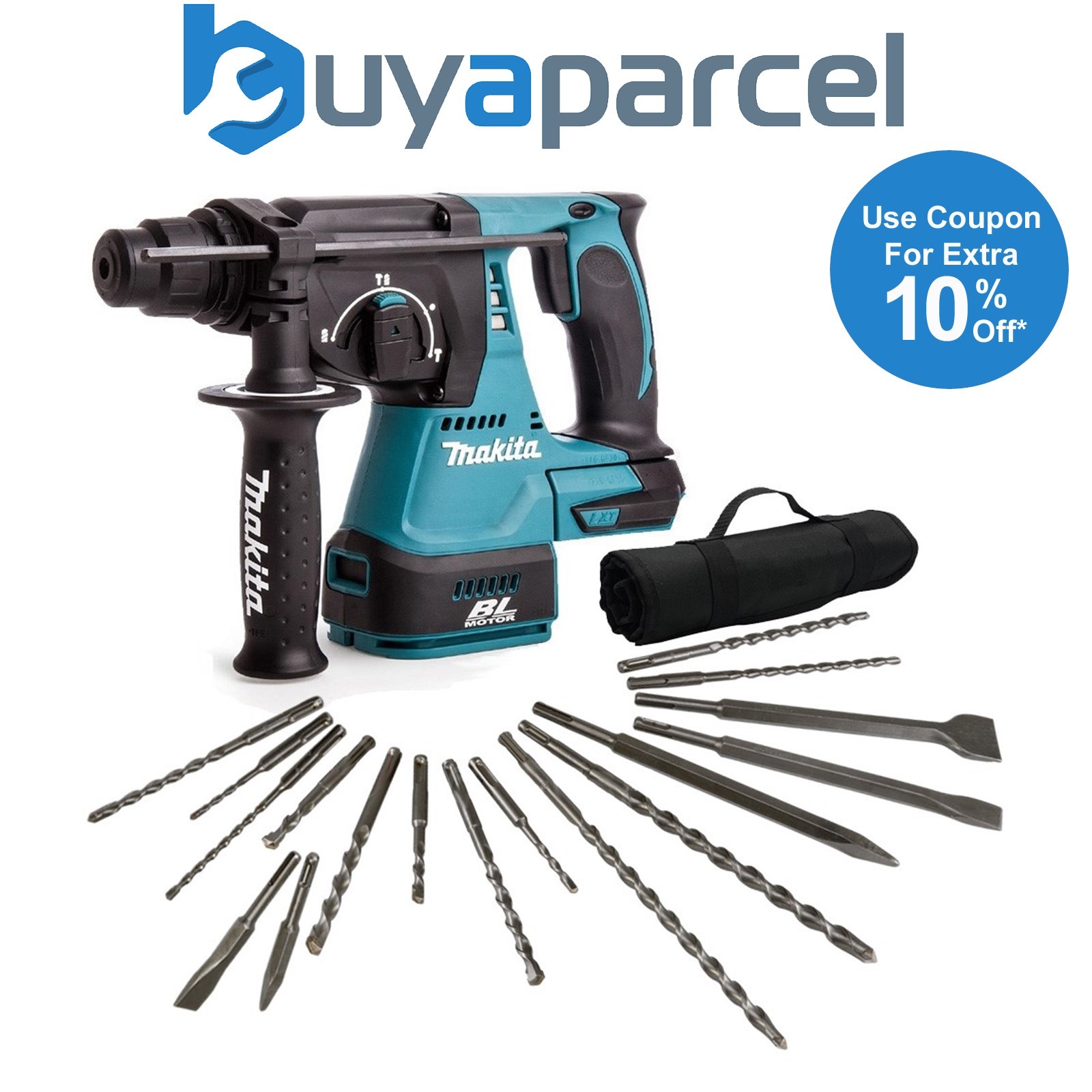 Makita DHR242Z 18v LXT SDS Rotary Hammer Drill + 17 Piece Bit Set Point Chisel