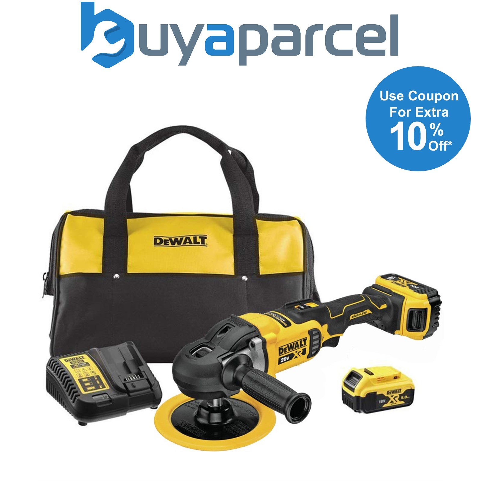 Dewalt DCM849P2 18v Brushless XR Rotary Polisher 180mm 2 x Batteries + Bag