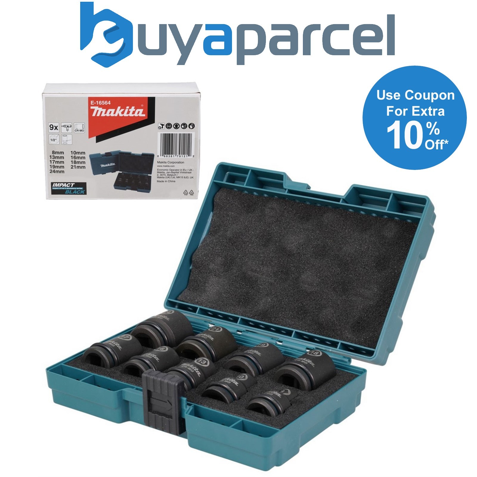 Makita E-16564 9 Piece Impact Black Socket Set 1/2" Sq Drive Metric + Pin + Case